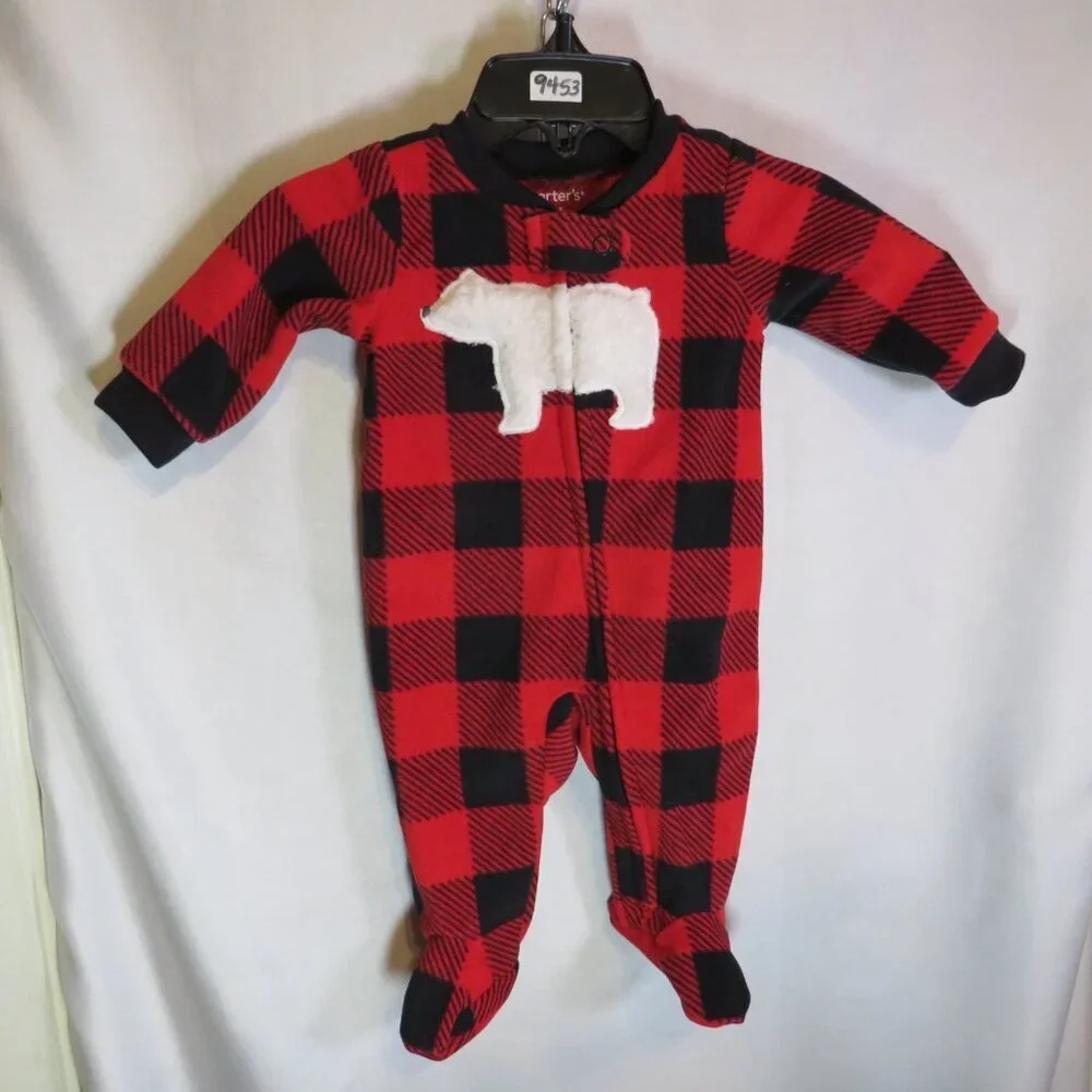 Baby Red & Black Buffalo Check zippered-footed bodysuit with fleece Polar Bear